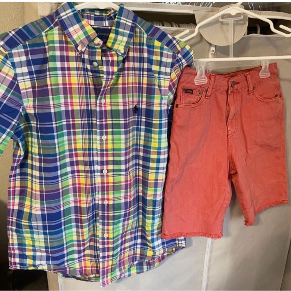 Polo Ralph Lauren outfit ~ plaid button down top and jean shorts